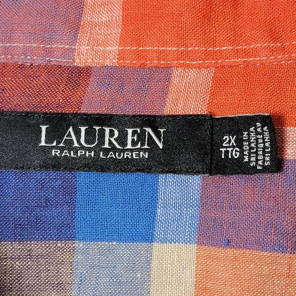 Ralph Lauren LRL Womens Black Label Plaid Linen Long Sleeve Button Up Shirt 2X - Picture 8 of 10